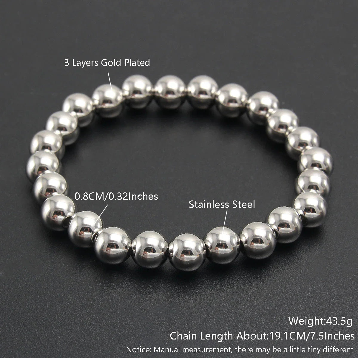 MHS.SUN Trend Stretch Stainless Steel Bracelets Gold Sliver Color 2MM 5MM 8MM Stacked Ball Beaded Bracelet For Women Men Jewelry