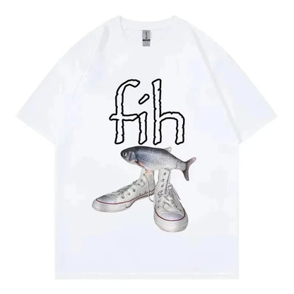 Funny New Style Hot Sale Fih Shoes Graphic T Shirts Misspelled Fish Meme T-shirts Men Women Casual Fashion Short Sleeve T-shirt