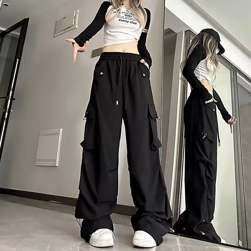 Baggy White Parachute Cargo Pants Y2K High Waist Shirring All-Match Trousers