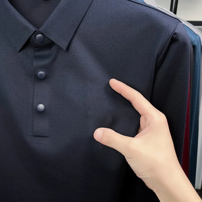 Luxury Quality Men's Polo Shirt No Trace Simple Solid Color Geometric Print Long Sleeve Autumn Lapel T-Shirt Business Menswear