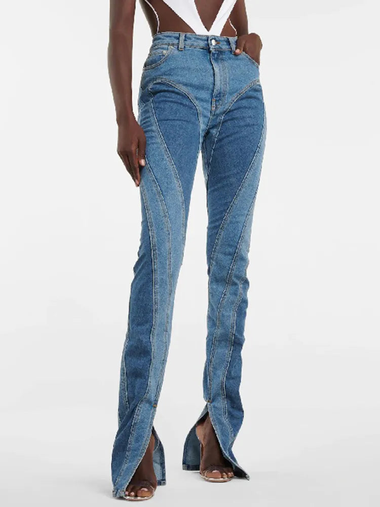 DEAT Fashion Women's Jeans Slim Deconstruct Panelled Patchwork High Waist Split Blue Long Denim Pants Autumn 2023 New 1DF2575