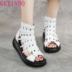 Women Sandals Genuine Leather Wedges High Heel