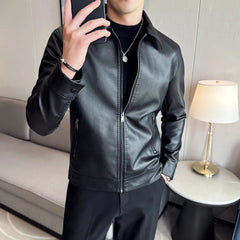 Men Bomber Leather Jacket Anti-wind Lapel Solid Casual Slim Fit Jacket