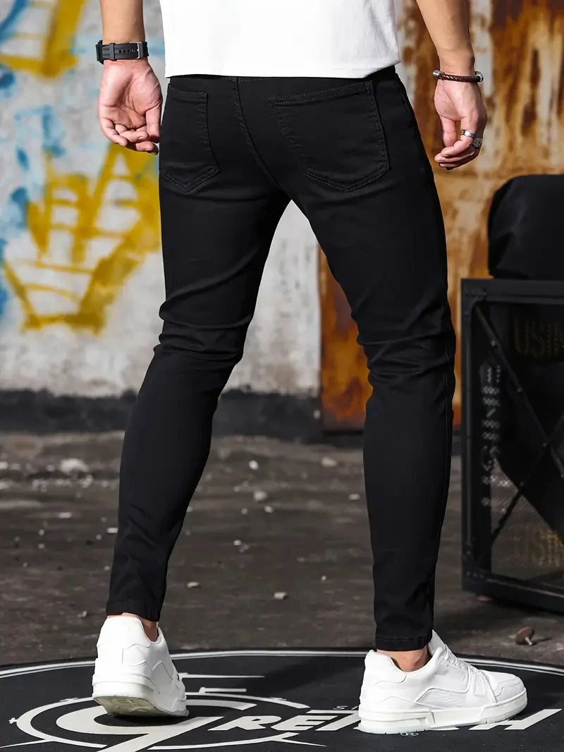 Man Pants Retro Washing Zipper Stretch Jeans Casual Slim Fit Trousers Male Plus Size