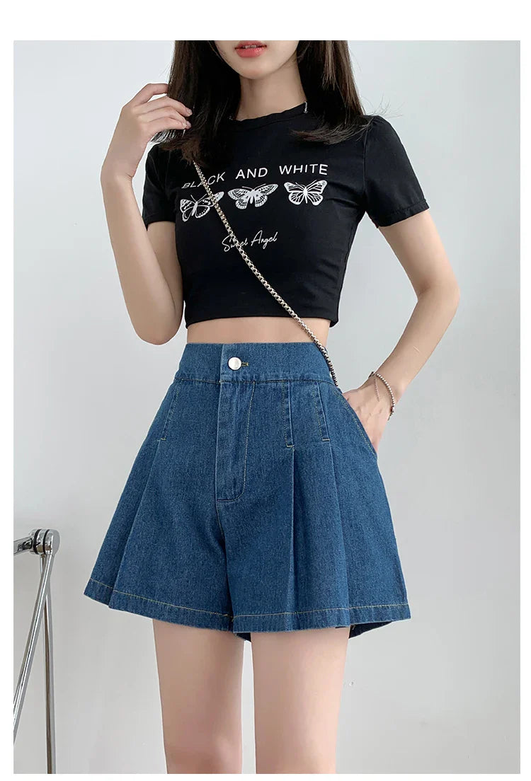 DFRCAEG 2024 Summer Plus Size Denim Shorts For Women High Elastic Waist Blue Or Sky Blue Pleated Mini Large Size Short Femme