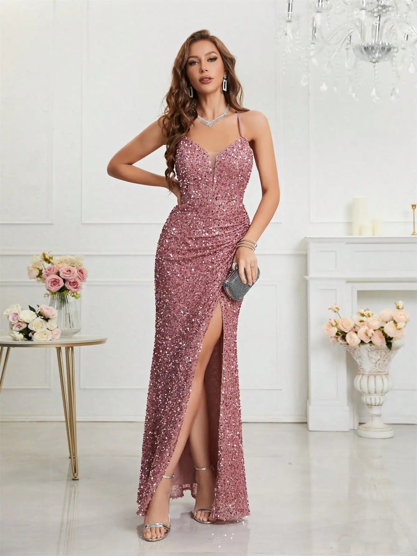 Homecoming Dresses: Unithorse Split Thigh Sequin Cami Women Dress