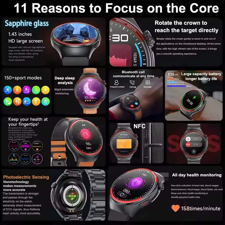Sapphire Glass Laser Detection Health Smartwatch Men Precise Heart Rate Blood Pressure 150+Sports Bluetooth Call NFC Smart Watch