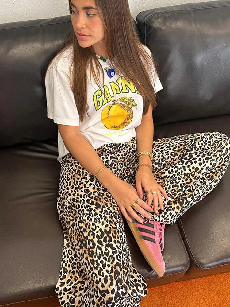 Vintage Leopard Print Pants Women Casual Loose Lace Up Wide Leg Trousers