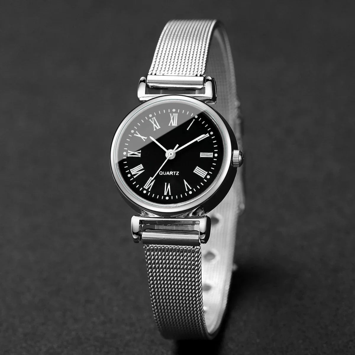 2PCS Fashion Women Quartz Watch Steel Mesh Band Watches Opening Cuff Bracelet Bangle Set（Without Box）