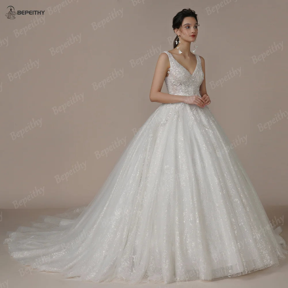 White Bridesmaid Dresses: V Neck Crystal Wedding Dresses Sleeveless Court Train