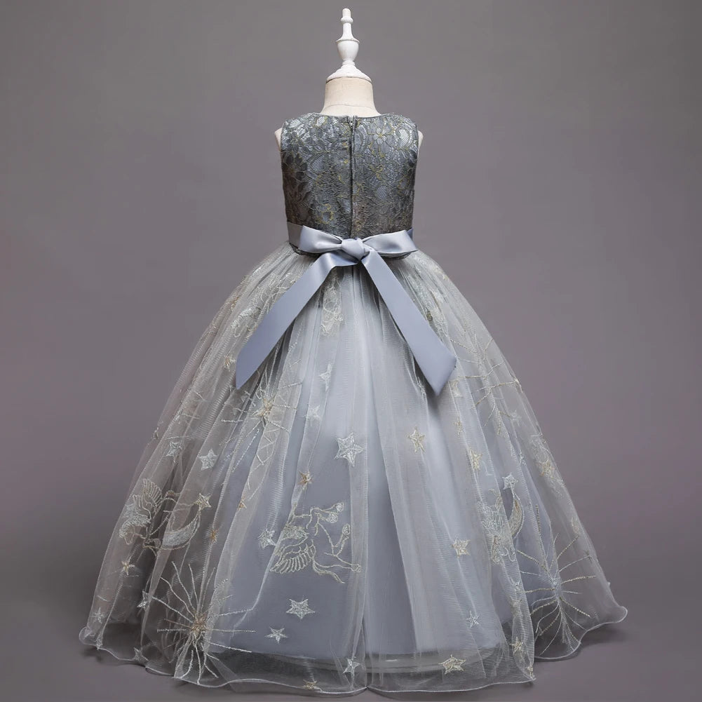 Grey Girls' formal dress with star embroidery, long dress with temperament, long mesh dress, host piano performance costume