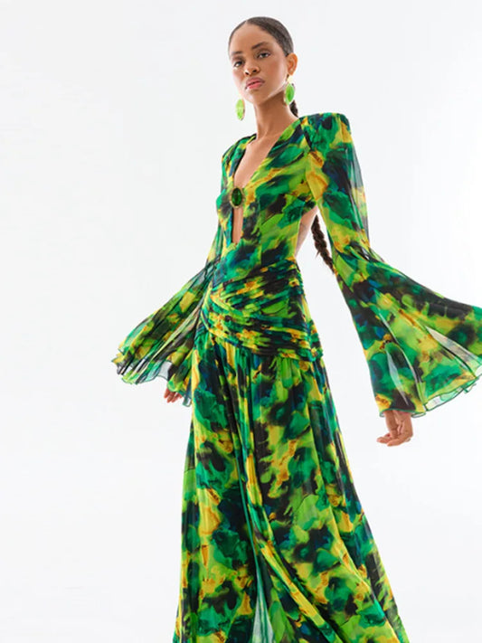 Formal attire Dresses: V Neck Long Sleeve Green Floral Long Chiffon Maxi Dress