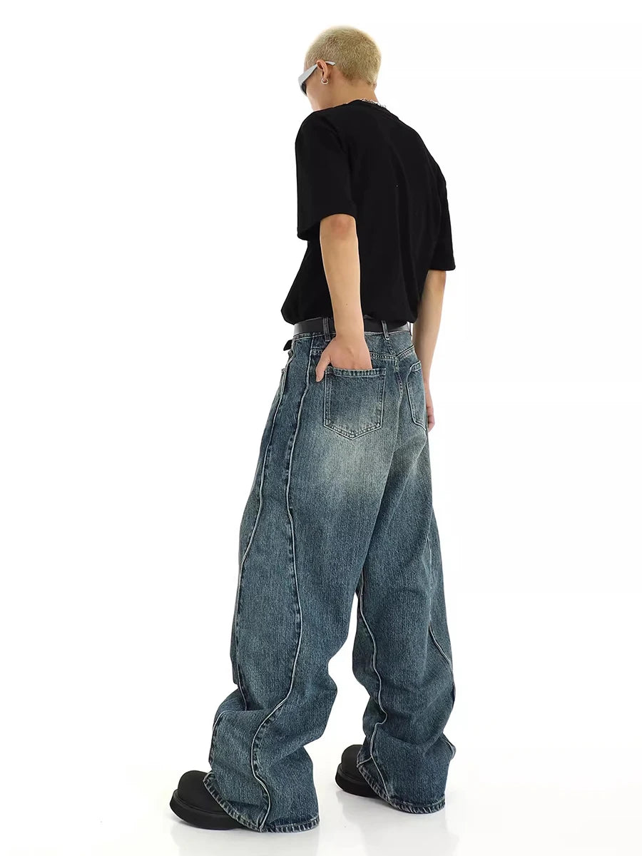 Twisted Seam Men Baggy Jeans, Retro Blue Whiskers Patchwork