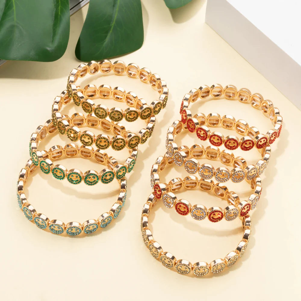 2024 New Happy Bangle Paved Diamond Enamel Beaded Bracelets For Women Boho Gold Color Elastic Bracelets