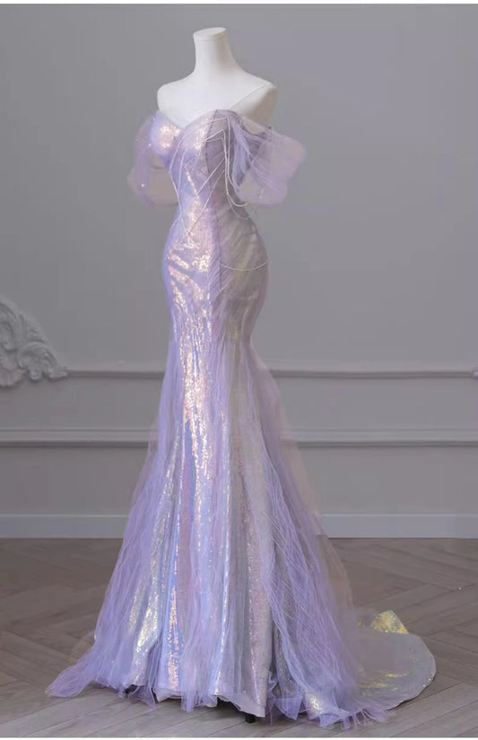 Homecoming Dresses: Purple Laser Sequin Beaded Mermaid Women Evening Dress