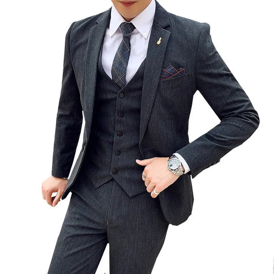 3 Pcs Suits Set Men British Style Coat Vest Pants Male Slim Fit Wedding Dress Tuxedos Business Casual Jacket Trousers Waistcoat