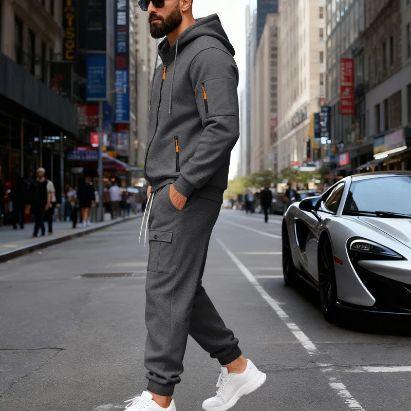 Autumn and winter men's velvet loose casual tooling outdoor sports fashion hooded sweater set