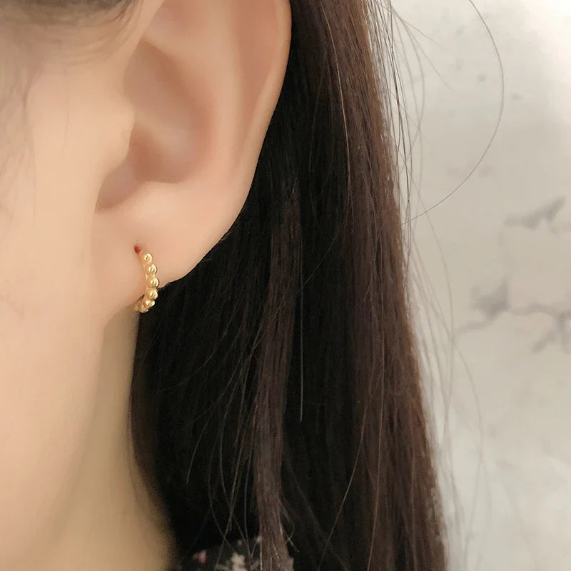 WANTME 925 Sterling Silver Simple Fashion Glossy Beads Gold Huggies Hoop Earrings for Women Gothic Piercing Jewelry Accessories