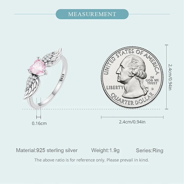 BAMOER 925 Sterling Silver Angel Wing Ring for Women Retro Feather Pink Heart Zircon Eternity Band Ring Anniversary Jewelry Gift