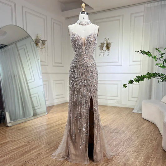 Homecoming Dresses: Spaghetti with split Strap Beaded Evening Dresses
