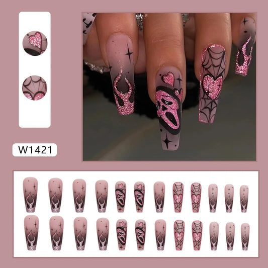 24pcs Glitter Pink Sequin Fake Nail Patch Scary Skull Love Heart Pattern Artificial Nails