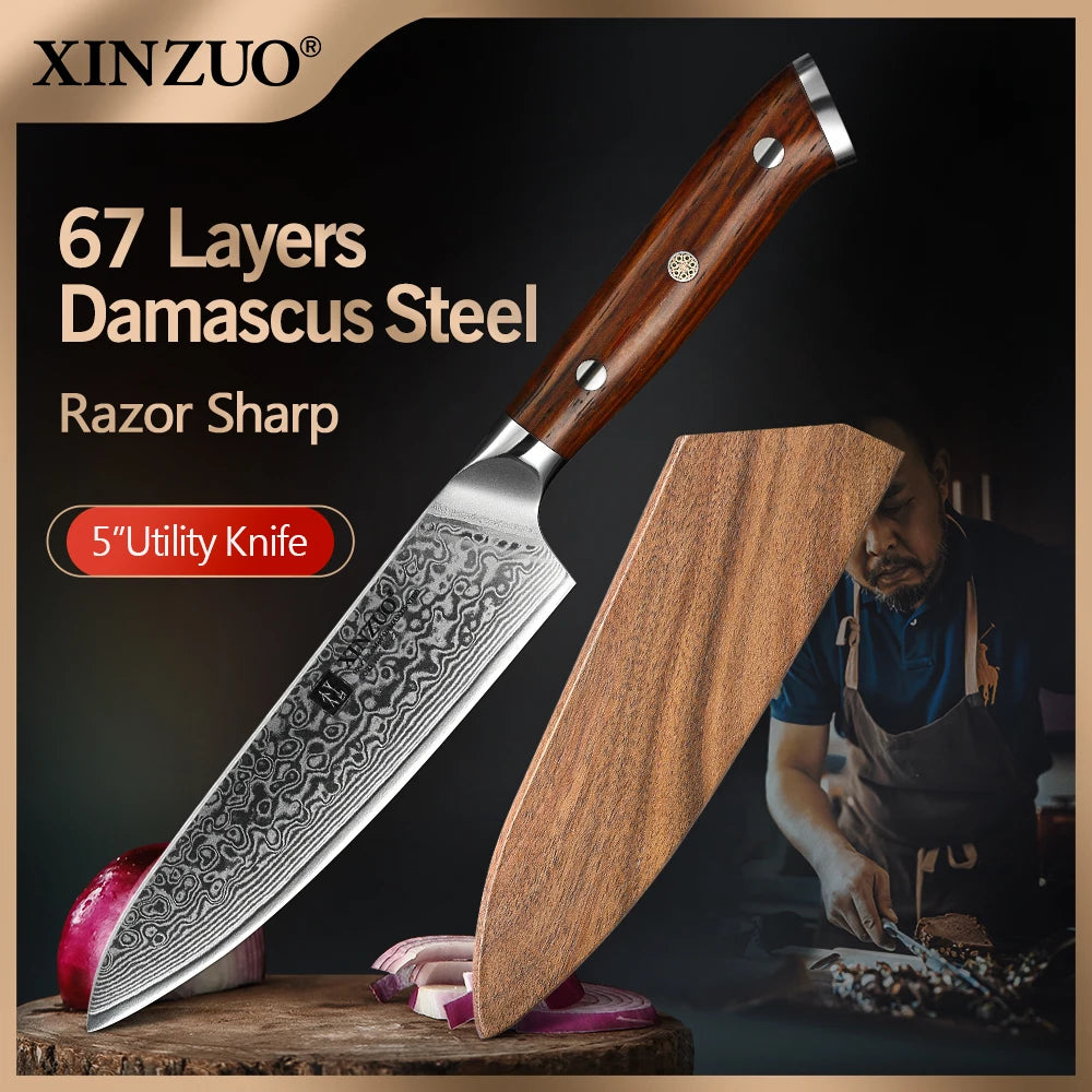 5'' Inch Utility Knives Japanese Damascus Steel Kitchen Knife Rosewood Handle