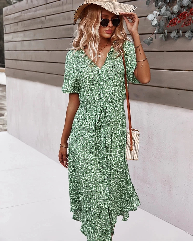 Summer Women Floral Print Dress Casual Short Sleeve Button Holiday Midi Dresses