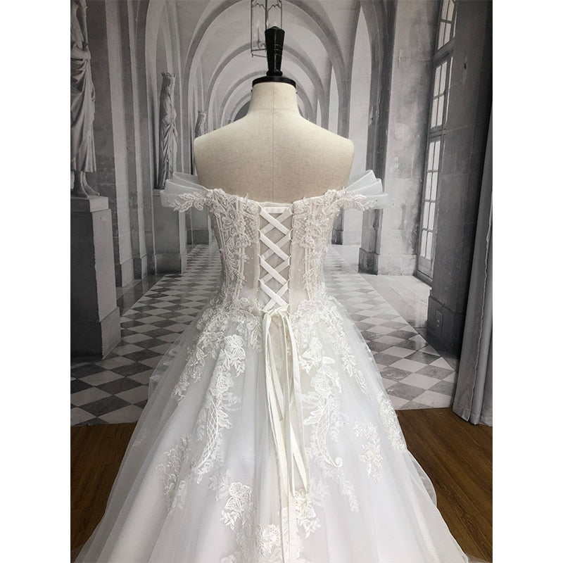 Court Train A-Line Wedding Dress Off Shoulder Beaded Vintage Bride Gown