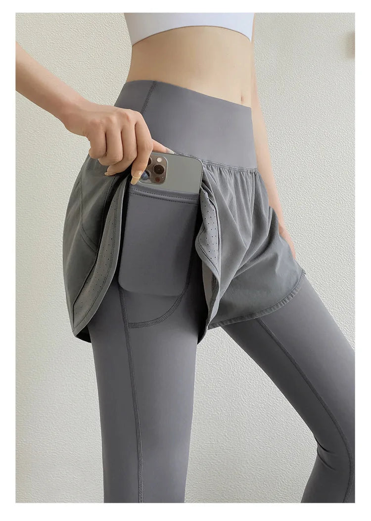 Women Gym Yoga Pants Fake 2 Pieces Sports Pants With Shorts Quick Dry Outdoor