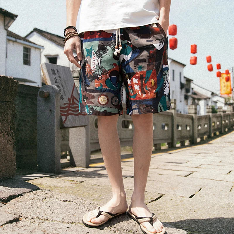 2026 Summer New Boutique Flower Cotton Linen Men's Casual Beach Shorts Men's Comfortable Breathable Leisure Shorts Male XXXXXL