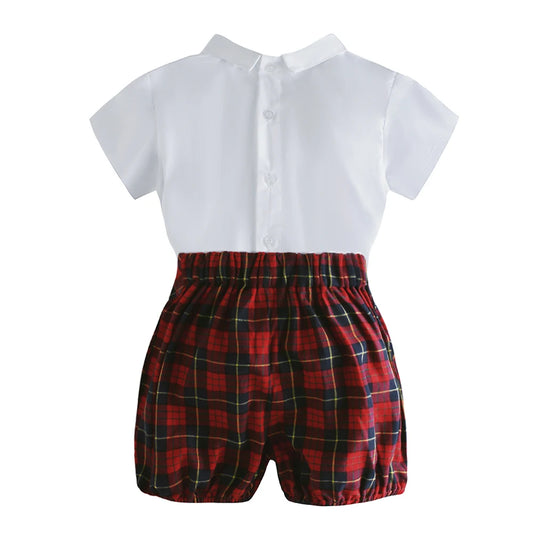 Short Sleeve Top Boy Spanish Clothes Red Plaid Shorts Set 6-48 Months Children Gentleman Formal Outfit Baby Cotton Birthday Suit