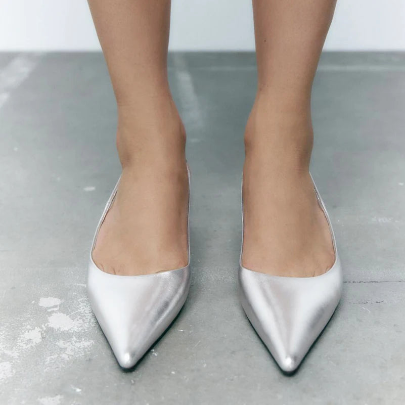 Women Genuine Leather Slingbacks Pointed Toe Block Mid Heels Pumps
