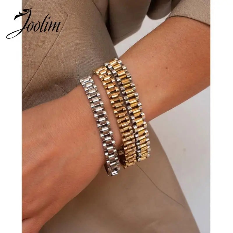 Joolim Jewelry Wholesale Waterproof&No Fade Fashion Chunky Watchband Adjustable Stainless Steel Bracelet High End PVD for Women