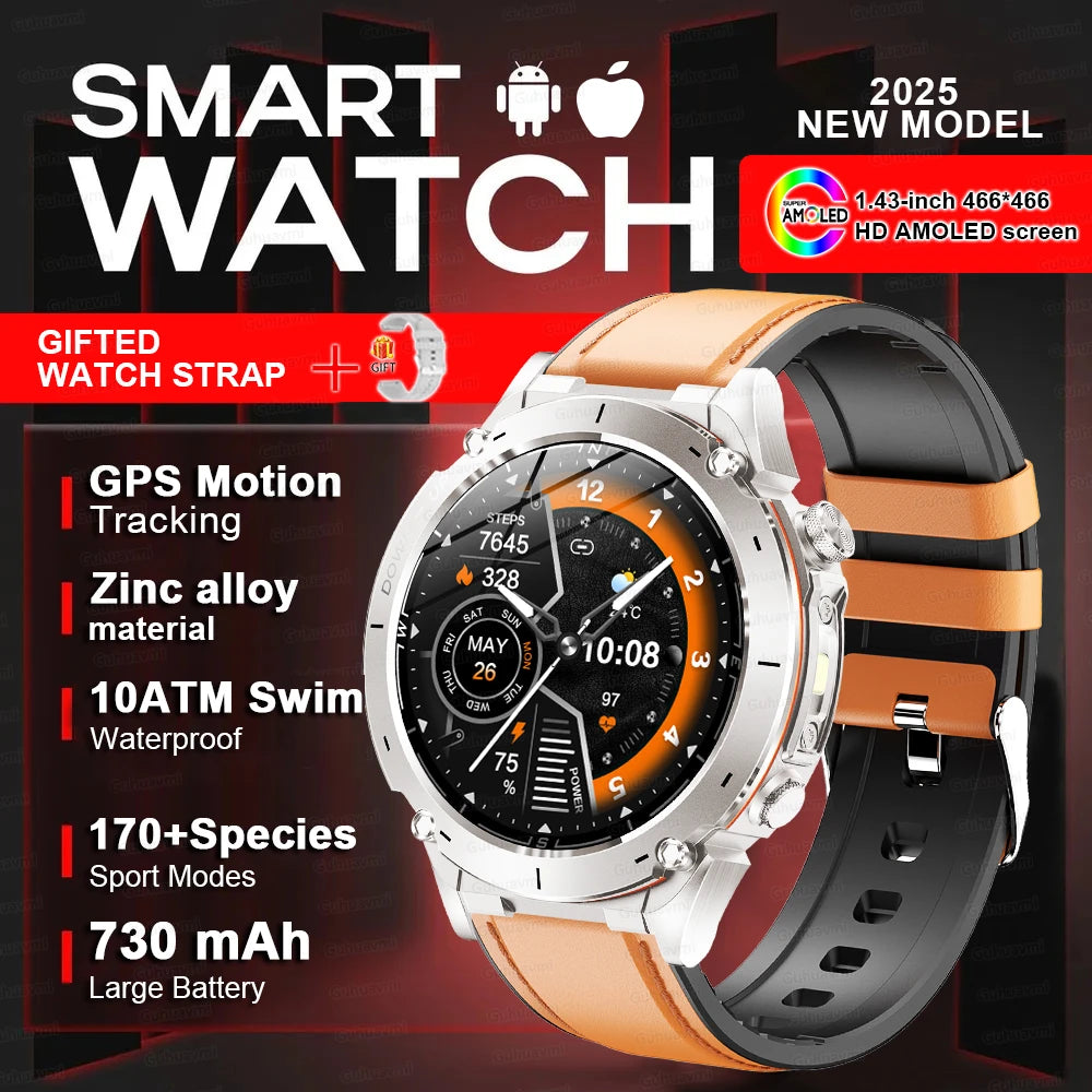 2025 Upgraded New Outdoors Sports Military GPS Smart Watch 10ATM Waterproof 730mAh High Battery Compass NFC HD BT Call Men Watch