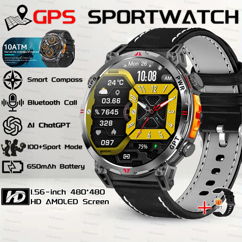 2025New Military GPS Sport Smartwatch Men 650mAh AMOLED Screen Compass Altimeter 10ATM Waterproof Heart Rate Wireless Call Clock