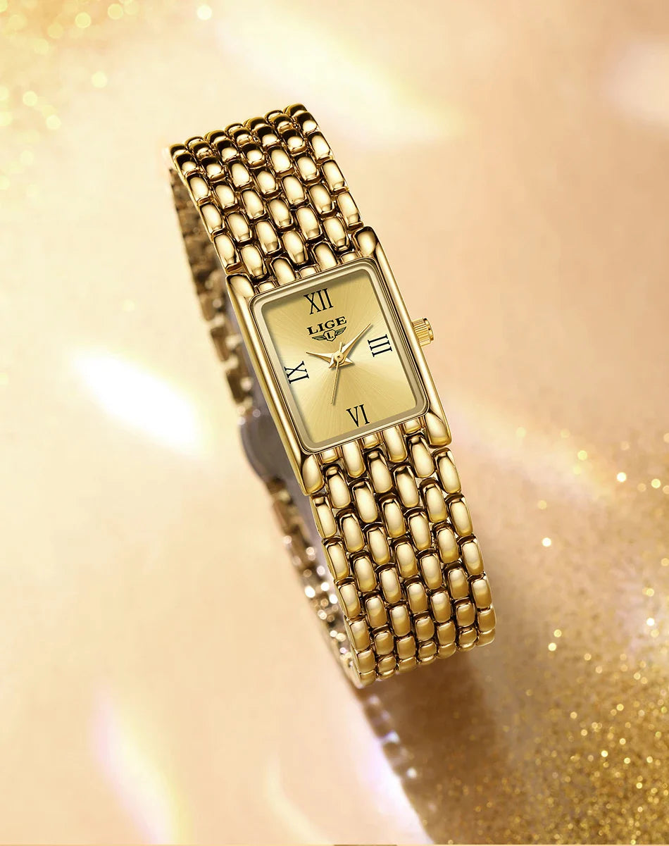 LIGE 2025 Fashion New Gold Women's Watch Luxury Quartz Watch Stainless Steel Bracelet Retro 30M Waterproof Watches Women reloj