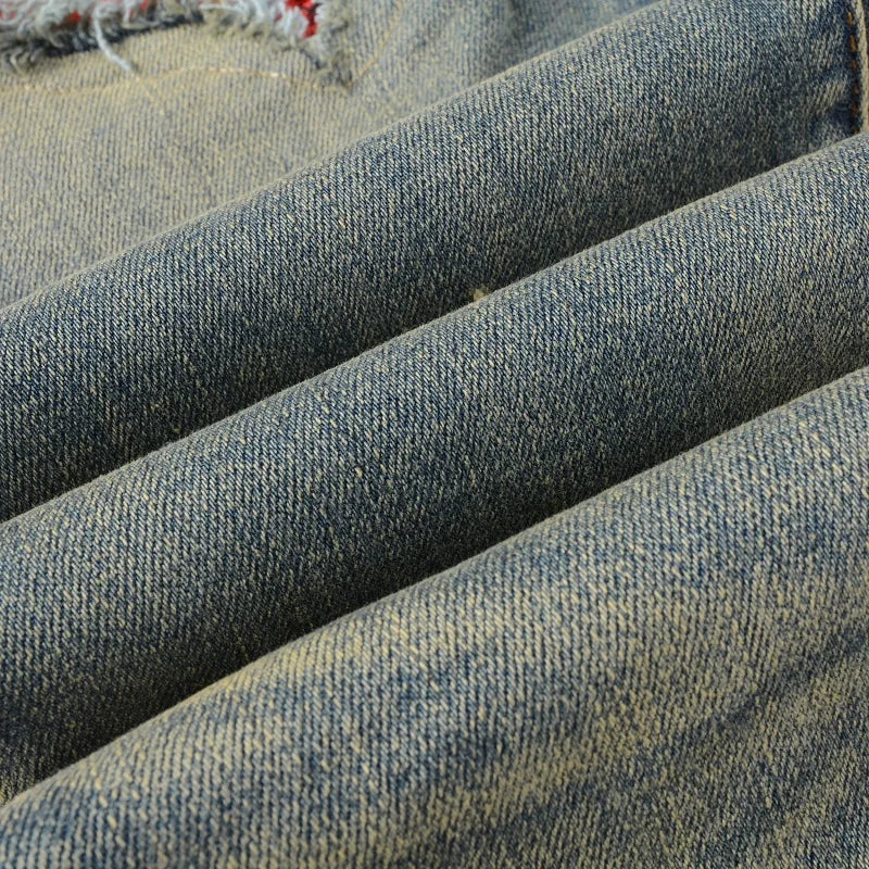Men Cracked Patch Stretch Denim Jeans Streetwear Holes Ripped Distressed