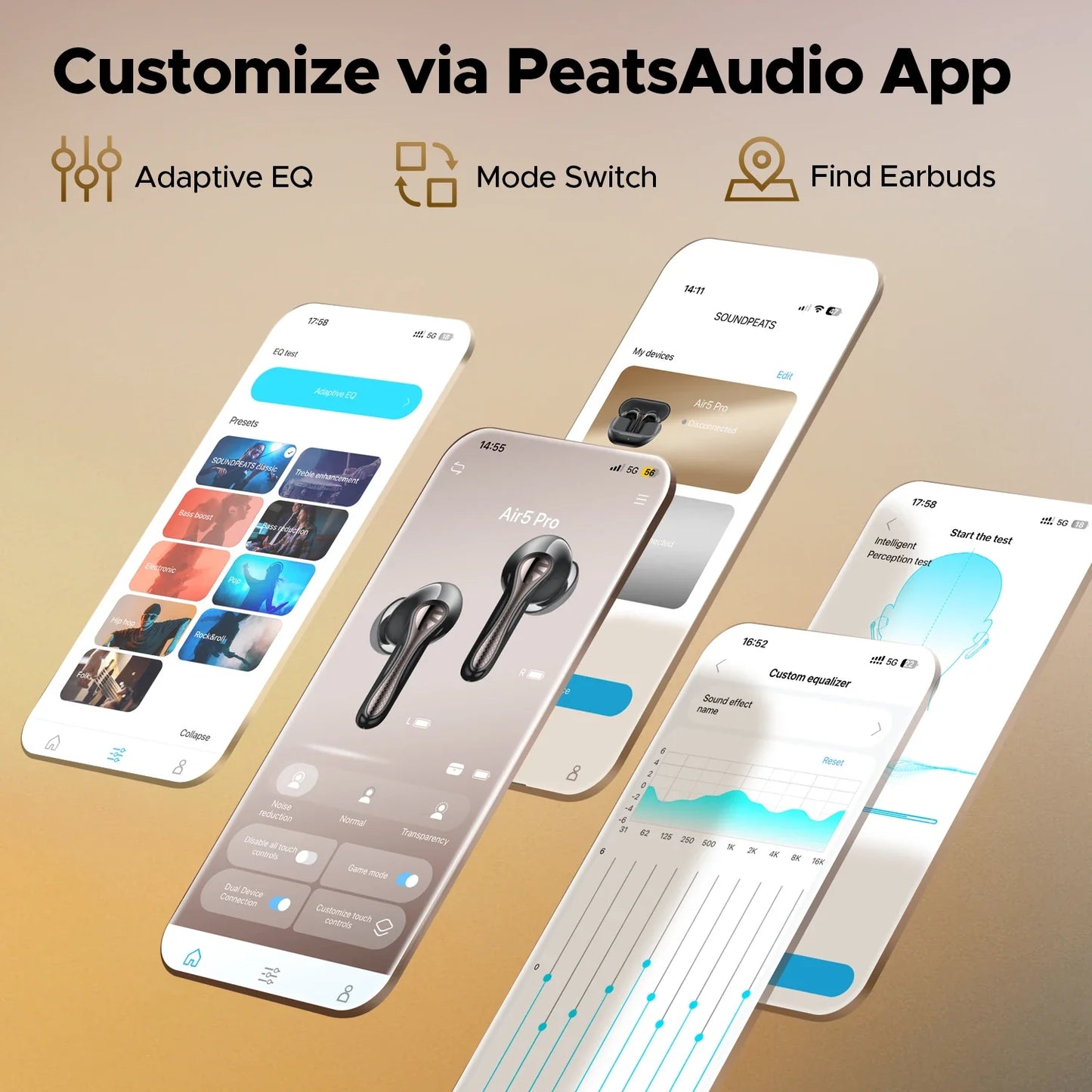 SOUNDPEATS Air5 Pro Wireless Earphones 55 dB Adaptive Hybrid ANC Bluetooth 5.4 Earbuds, Hi-Res LDAC aptX Loseless,6 Mics AI ENC