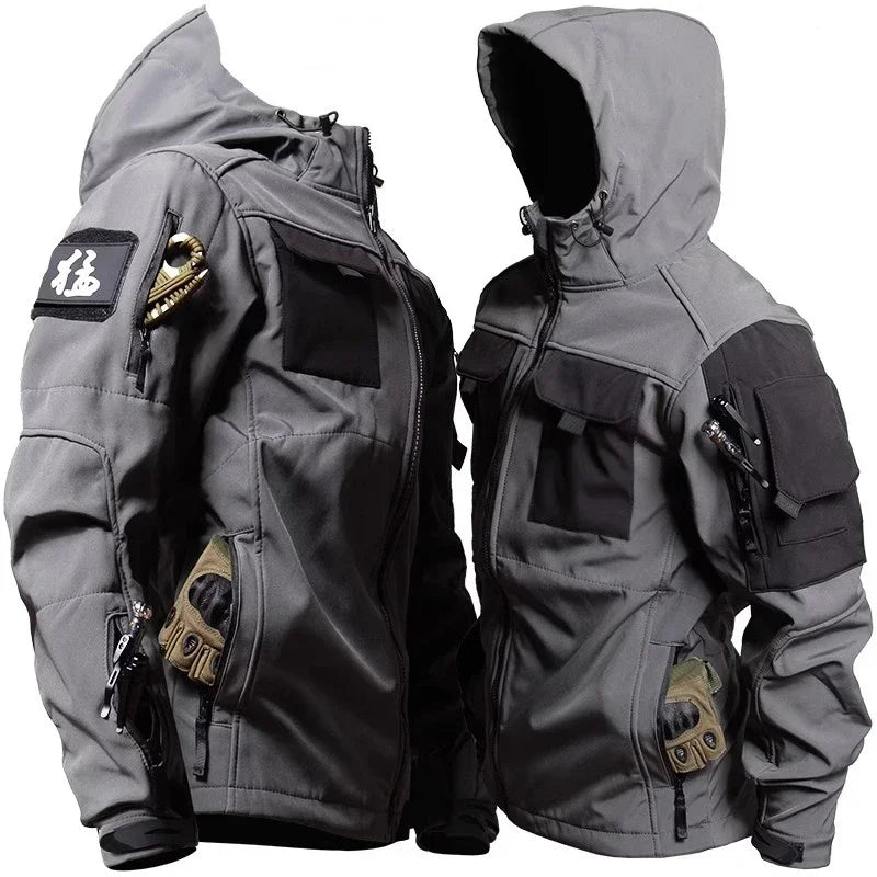 Mens Thicken Tactical Set Windproof Waterproof Outdoor Suit Soft Shell Multi-Pocket Hooded Jackets+Fleece Work Pants 2-piece