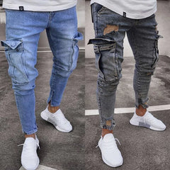 Men Jeans Pencil Pants Solid Denim Sheath Mid Waist Zipper Fly Pockets