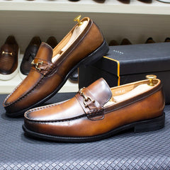 Classic Italian Style Mens Metal Chain Loafers Genuine Leather Slip on Dress Shoes
