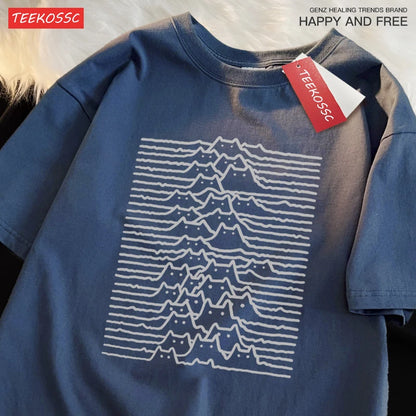 Cat Group Mountain Cartoon Cotton Trendy Summer Travel Mountain And River Cat Line Short Sleeve T-shirt Men Women Trendy Brand