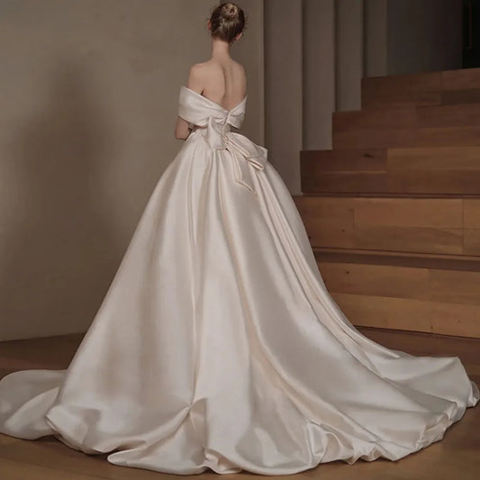 White Bridesmaid Dresses: Off The Shoulder Short Sleeve Neck Beading Bow Satin