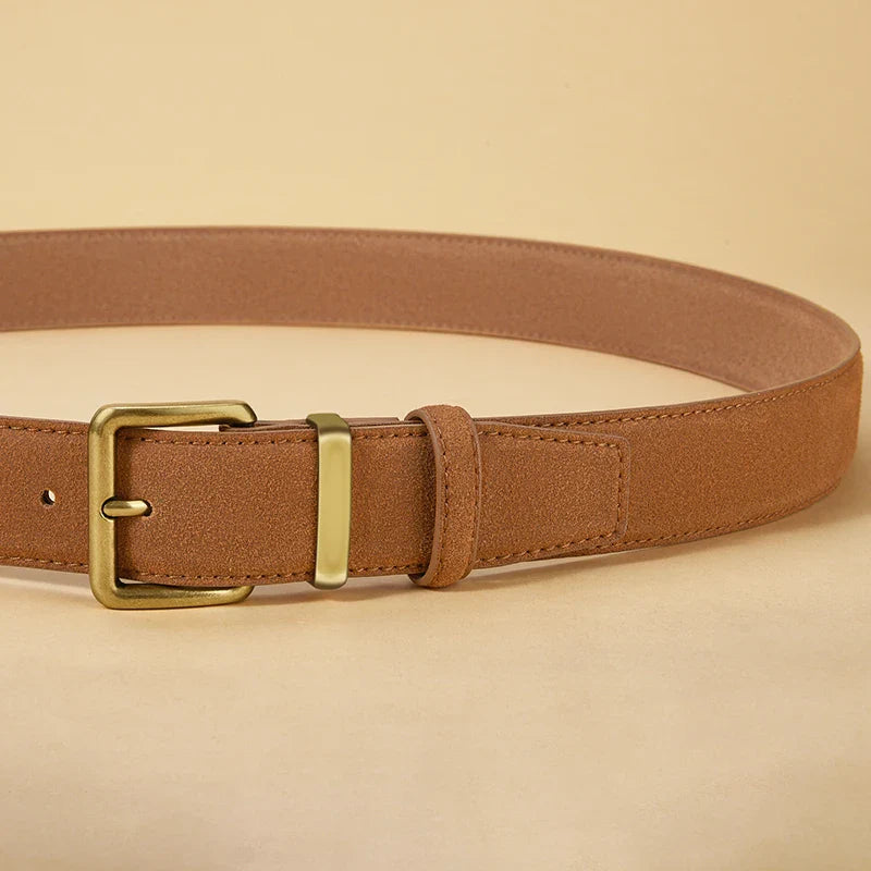 Luxury Suede Cowhide Leather Belt for Women, Vintage Style with Gold Buckle, 3.5cm Wide Waistband for Dresses & Jeans