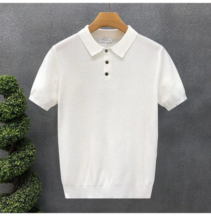 Turn Collar Knit Polo Shirt Short Sleeve Mens Sweater Top