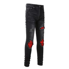 Men's Cracked Red Pleated Patch Biker Jeans Streetwear Patchwork Stretch Denim