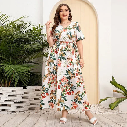 French Elegance and Elegant Large Size Dress with White Drawing Flower V-neck Short Sleeves and Waist Wrap Long Dress Plus Size