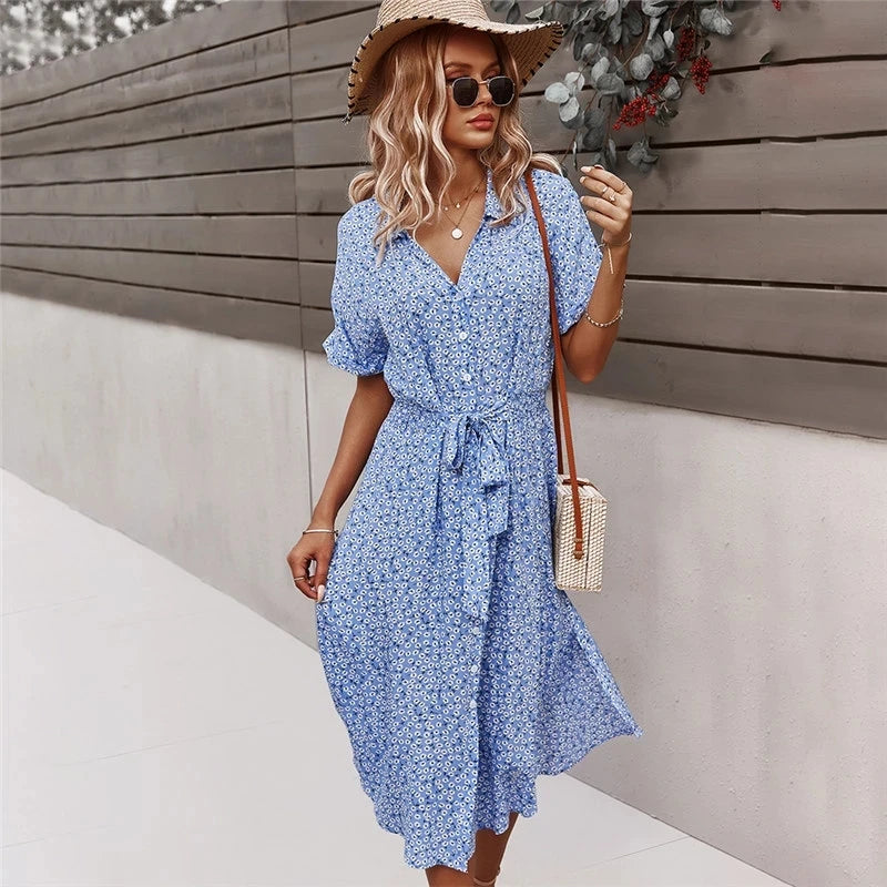 Summer Women Floral Print Dress Casual Short Sleeve Button Holiday Midi Dresses