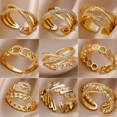 Fashion Gold Color Stainless Steel Rings For Women Chain Hollow Out Crystal Zircon