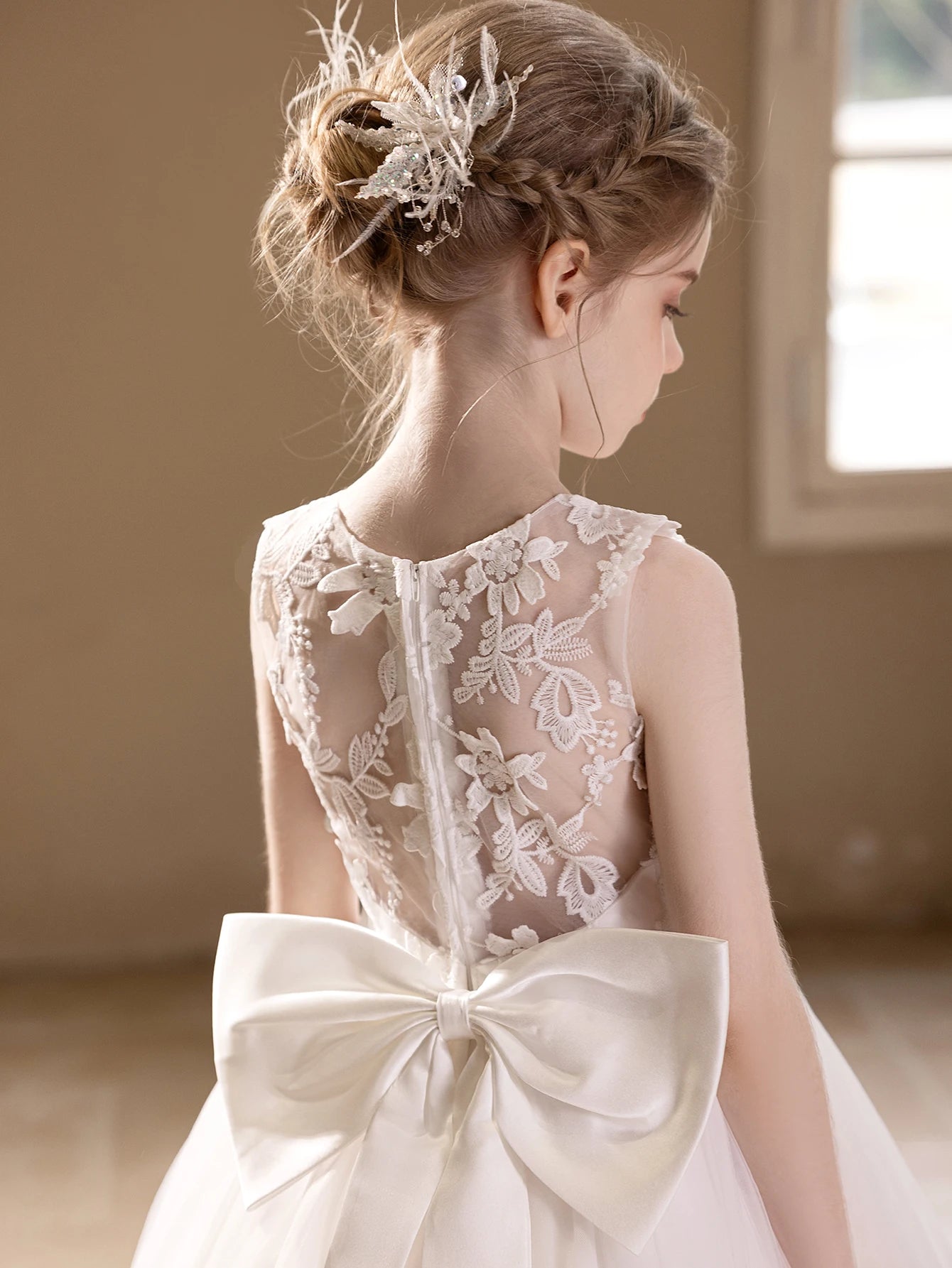 Teen Girls White Wedding Gauze Dress Lace Embroidery Big Bow Evening Puffy Gauze Bridesmaid Dress